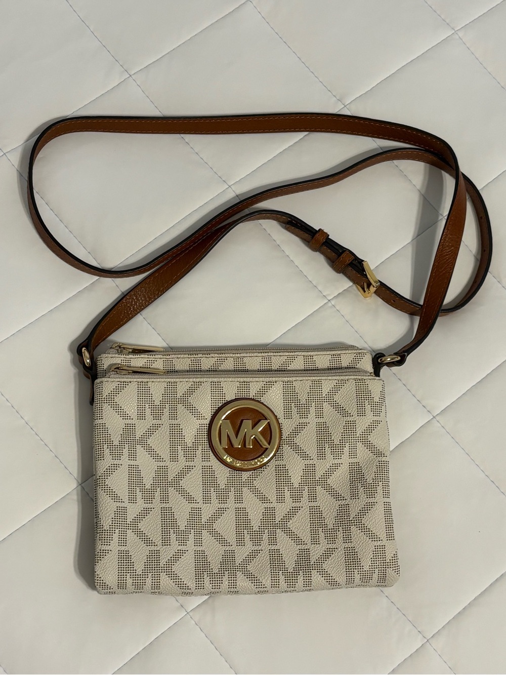 Michael Kors Cream Monogram Crossbody with Brown Leather Strap